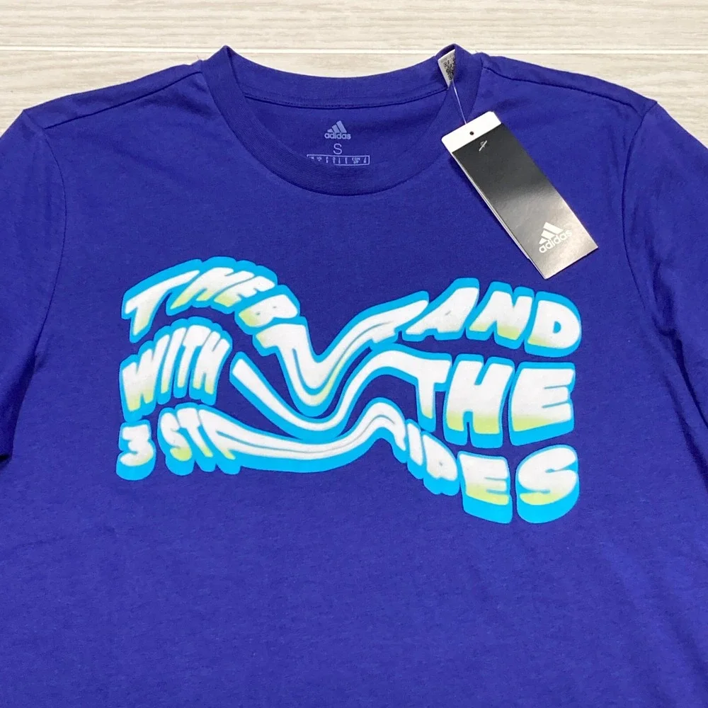 Adidas Men's Summer Heat Spellout‎ Logo T-Shirt Short Sleeve Indigo Size Small